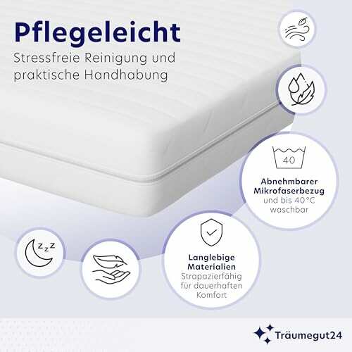 Pflegeleichte Matratze mit abnehmbarem Bezug und langlebigen Materialien.