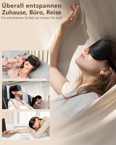 Personen entspannen mit Schlafmasken zu Hause, im Büro und auf Reisen.