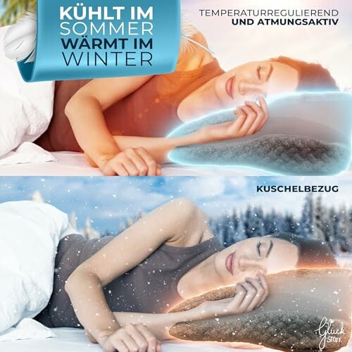 Frau schläft auf temperaturregulierendem Kissen, Sommer und Winter