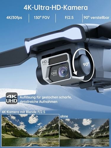 Nahaufnahme einer 4K-Ultra-HD-Kamera an einer Drohne mit verstellbarem Winkel.