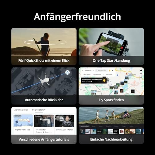 Drohnenfunktionen für Anfänger, 6 Bilder: QuickShots, Ein-Klick-Start, automatische Rückkehr, Fly Spots, Tutorials, Nachbearbeitung.