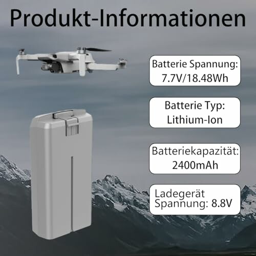 Produktinformationen einer Drohnenbatterie mit Spannung, Typ, Kapazität und Ladegerät.
