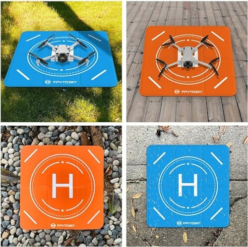 Vier Drohnenlandeplätze in Blau und Orange.