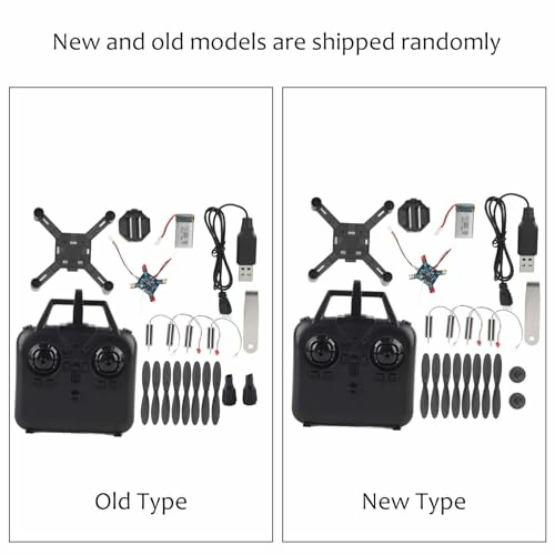 Vergleich von alten und neuen Drohnenteilen, einschließlich Fernbedienung, Propellern und Zubehör.
