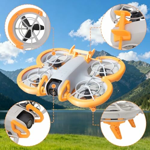 Orange-weiße Drohne mit Detailansichten ihrer Funktionen vor einer Berglandschaft.