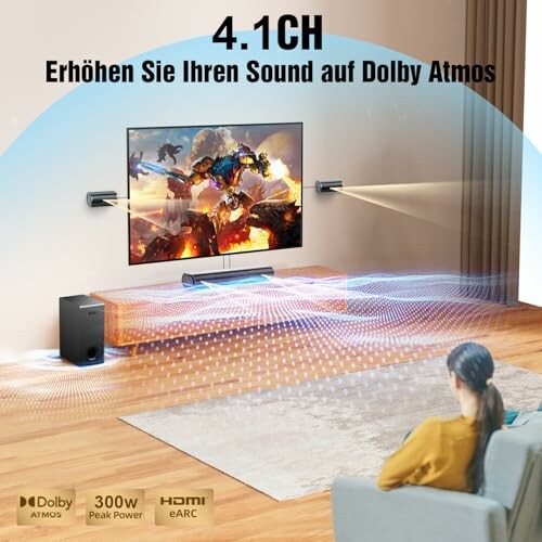 Person hört mit Dolby Atmos Soundanlage