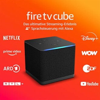 Fire TV Cube mit Streaming-Diensten und Alexa-Sprachsteuerung.