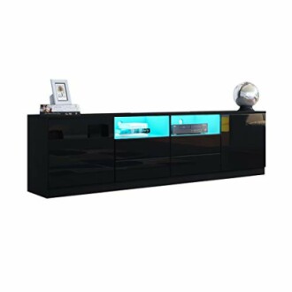 Schwarzer moderner TV-Schrank mit Glasregalen und LED-Beleuchtung.