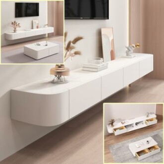 Modernes weißes Wohnzimmermöbel mit schwebendem TV-Schrank und Couchtisch.