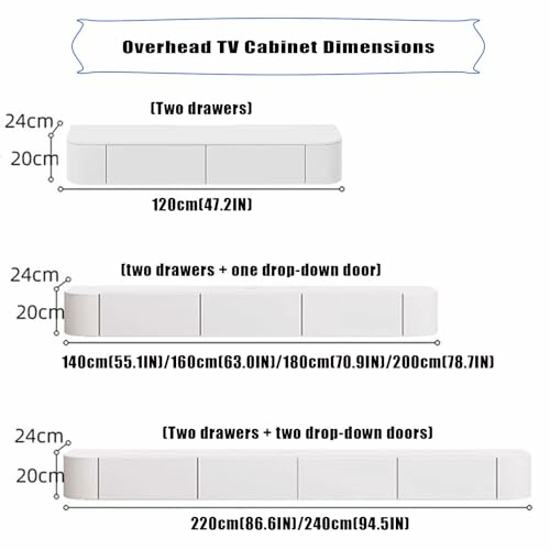 Abmessungen des hängenden TV-Schranks mit verschiedenen Optionen.