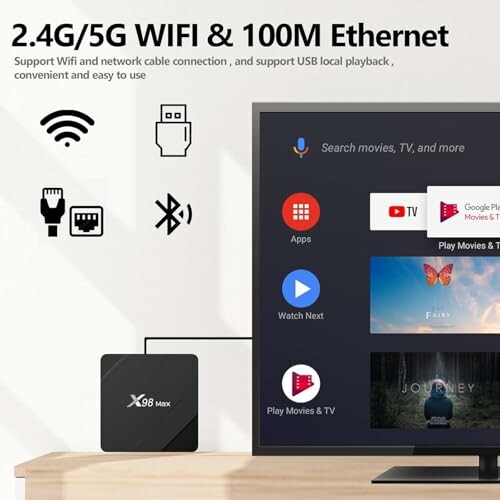Smart-TV-Box mit Android-Oberfläche und Fernbedienungssymbolen