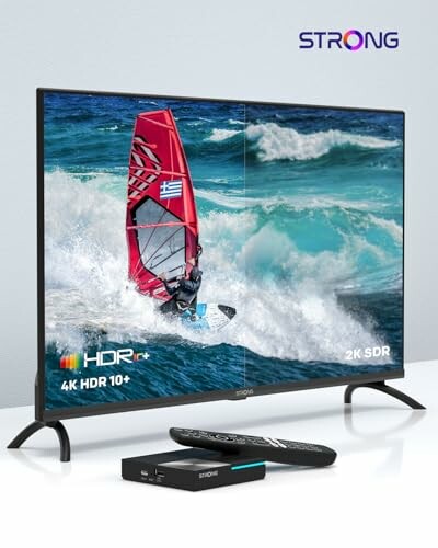 Fernseher mit Windsurfer-Bild und HDR-Logo.