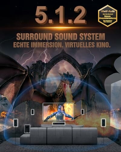 Werbung für ein 5.1.2 Surround-Sound-System mit Drache.