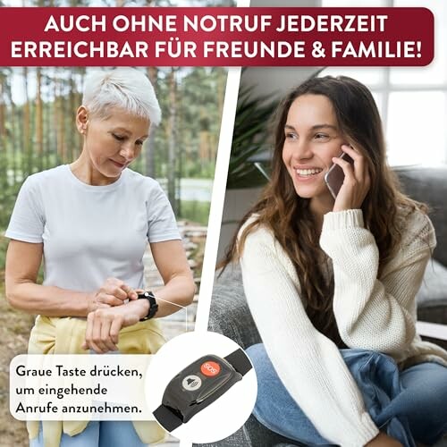 Zwei Frauen kommunizieren mit einem Notrufgerät.