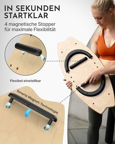 Frau hält Balance-Board mit magnetischen Stoppern