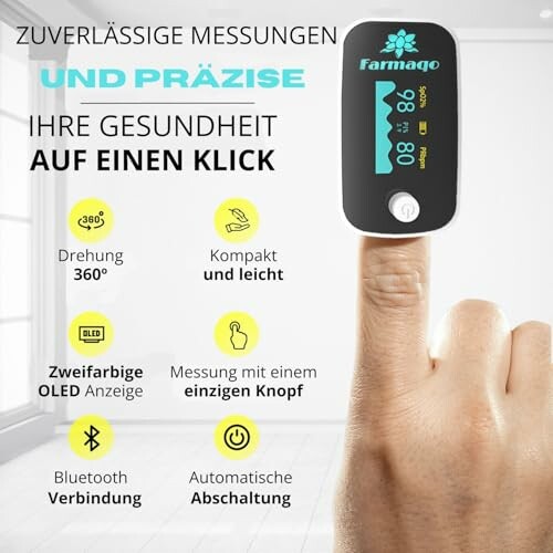 Finger-Pulsoximeter mit Display und Funktionen auf Deutsch.