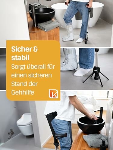 Person mit Gehhilfe in Badezimmer.