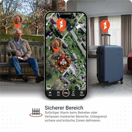 GPS-Tracker zeigt sichere Bereiche und Alarme auf Smartphone.