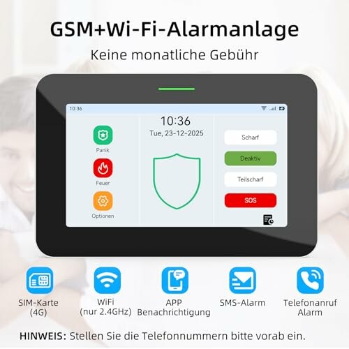 Anzeige einer GSM und Wi-Fi Alarmanlage ohne monatliche Gebühren.