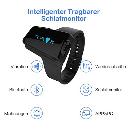 Schwarze tragbare Schlafmonitor-Uhr mit Funktionen wie Bluetooth und Vibration.