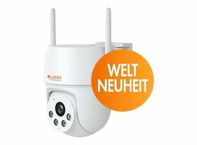 Weiße Überwachungskamera mit Aufschrift 'Weltneuheit'