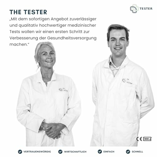 Zwei Mediziner im Laborkittel mit Zitat über hochwertige Tests.