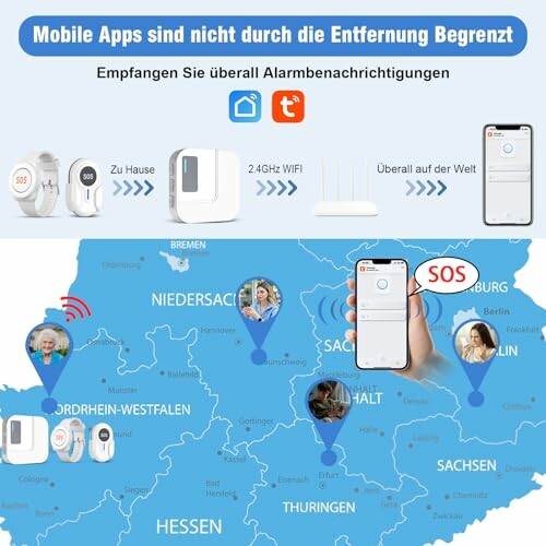 Karte zeigt Alarmbenachrichtigungen über mobile Apps.
