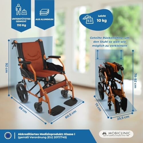 Leichter Rollstuhl mit klappbarem Design und unterstütztem Gewicht bis 110 kg.