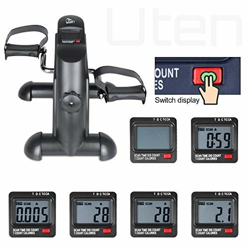 Tragbarer Pedaltrainer mit digitalem Display und Kalorienzähler.