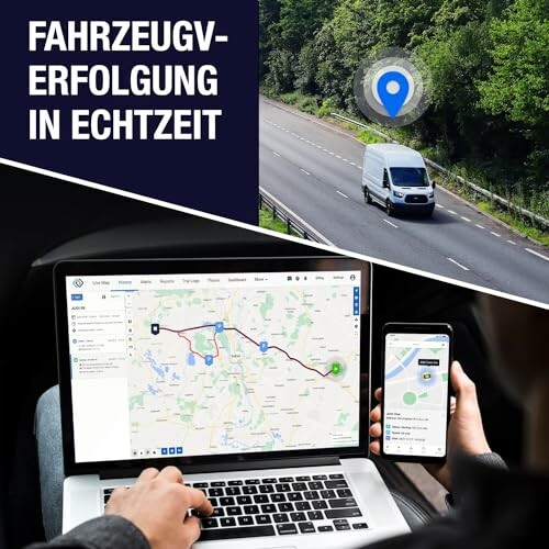 Person verfolgt Fahrzeug in Echtzeit auf Laptop und Smartphone.
