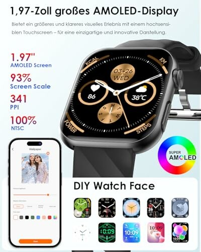 Smartwatch mit großem AMOLED-Display und anpassbarem Zifferblatt.