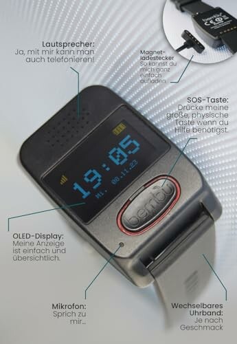 Smartwatch mit verschiedenen Funktionen auf Deutsch beschrieben.