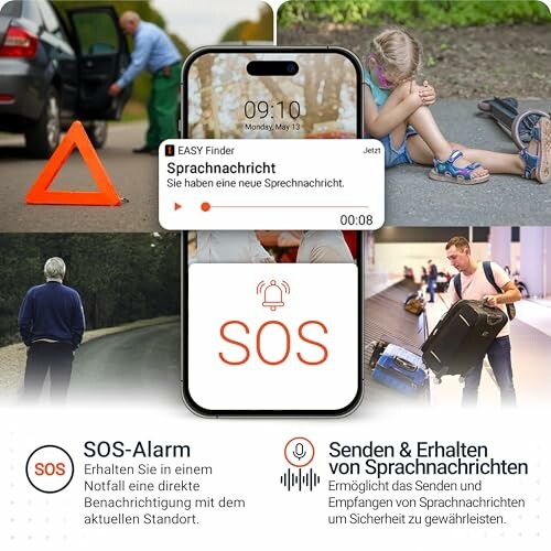SOS-App mit Notfallfunktionen und Sprachnachrichten.