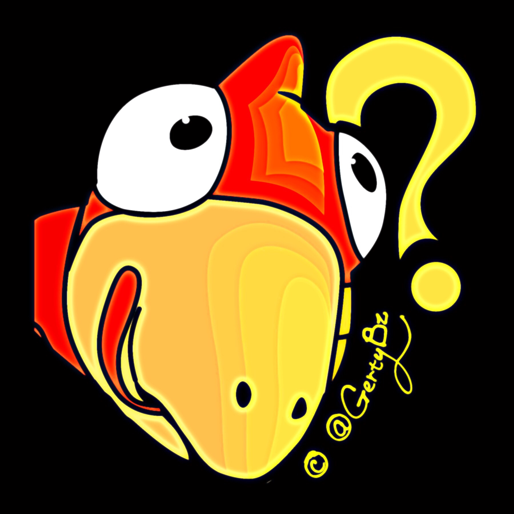 Gerty's Thinky Thunks style avatar of a red-wattled yellow-beaked rubber chicken drawn with a yelliow question mark behind