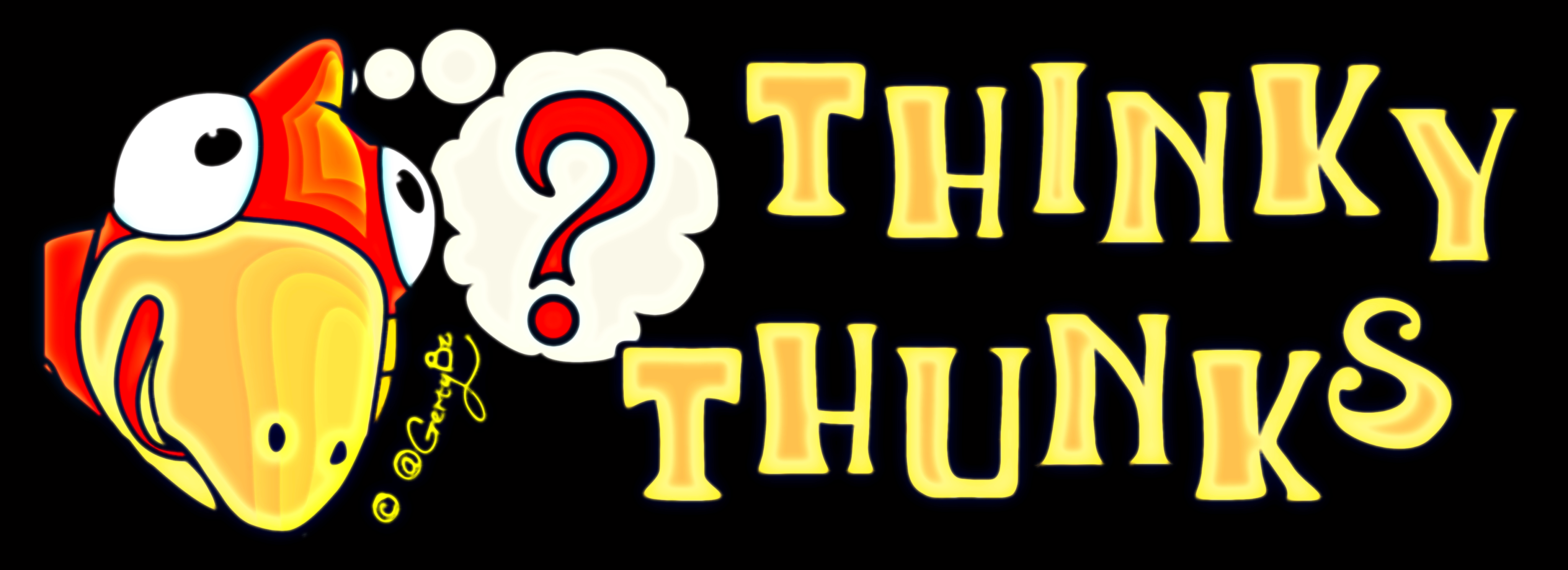 Gerty's Thinky Thunks style banner, featuring a red-wattled yellow-beaked rubber chicken drawn with a cloud-shaped thought balloon containing a red question mark to the left, and large chunky yellow drawn capital letters reading Thinky Thunks to the right