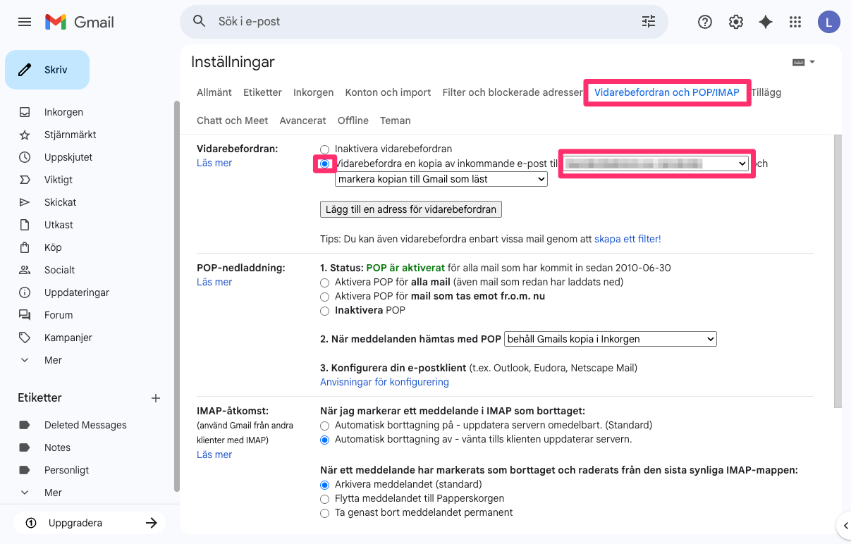 Gmail vidarebefordra