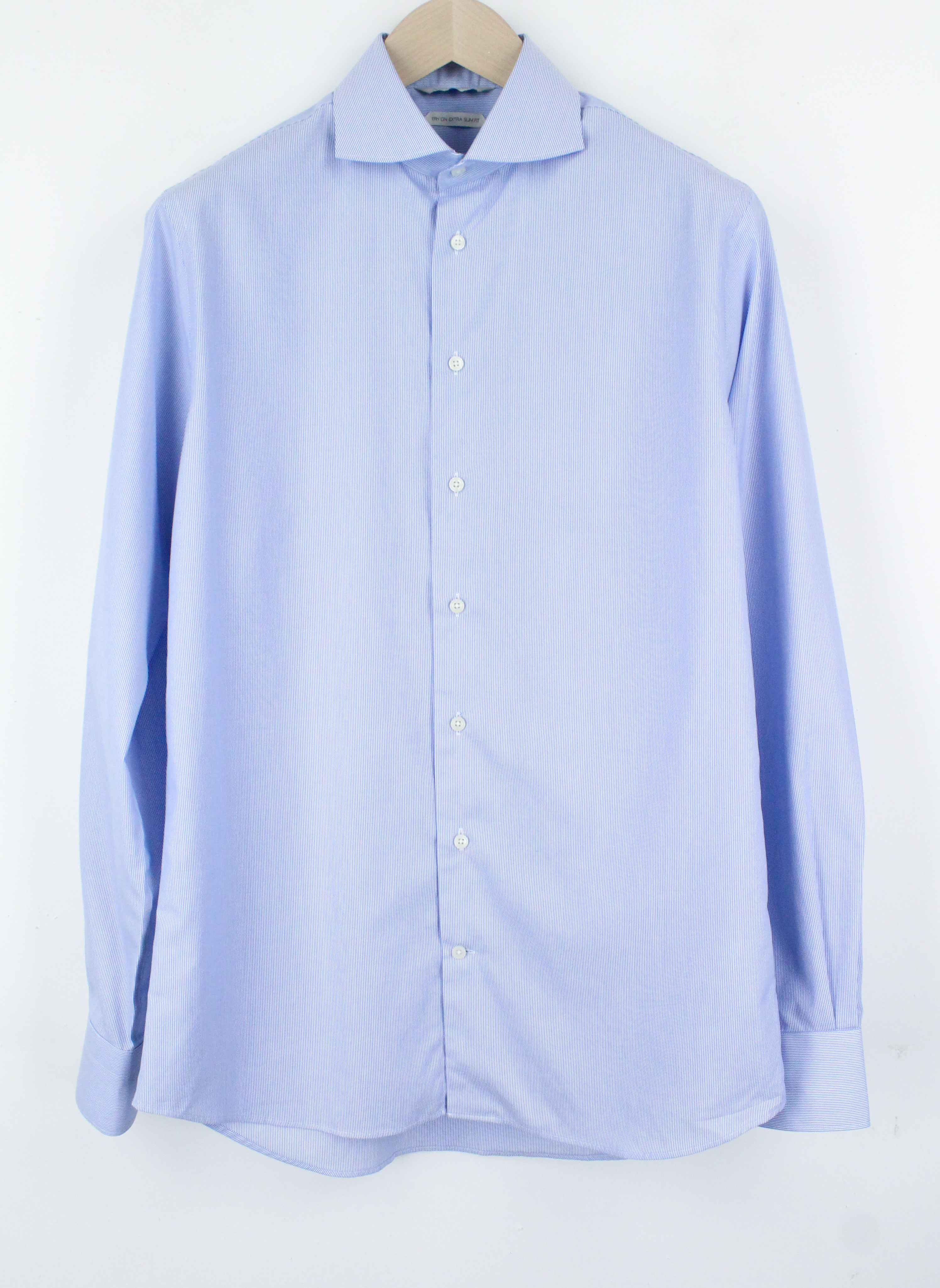 SUITSUPPLY Men's Shirt 39/15.5 Blue Cotton Slim Fit Striped Long