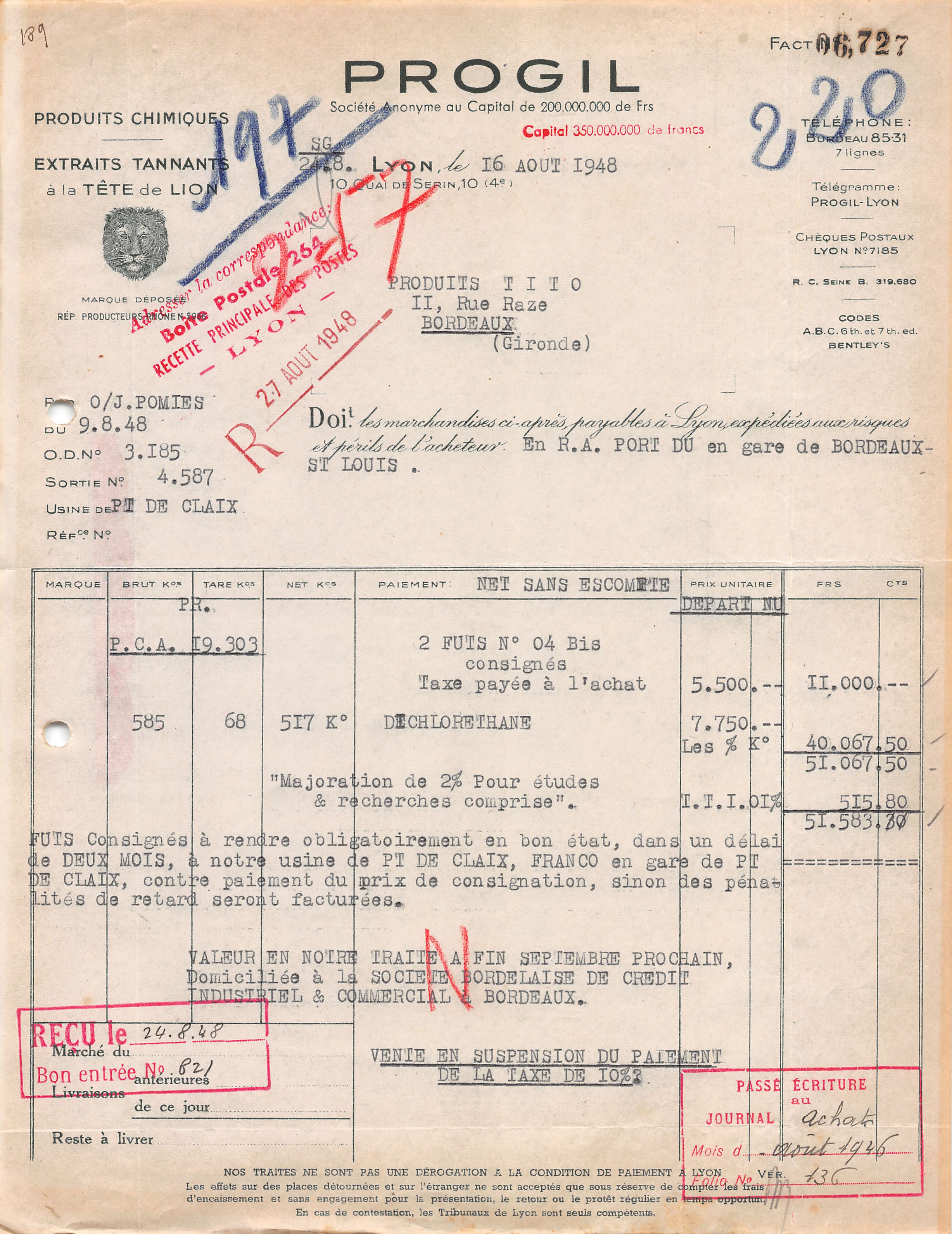1948 FACTURE PROGIL A LYON - PRODUITS TITO A BORDEAUX | eBay